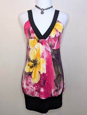Suzy Shier Pink & Yellow Floral Mini Dress with Black Trim
